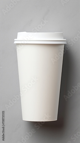 A white paper cup with a lid on a gray surface. Generative AI.