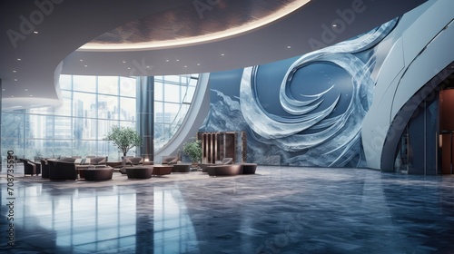 The lobby of a luxury hotel with a large circular design. Generative AI. photo