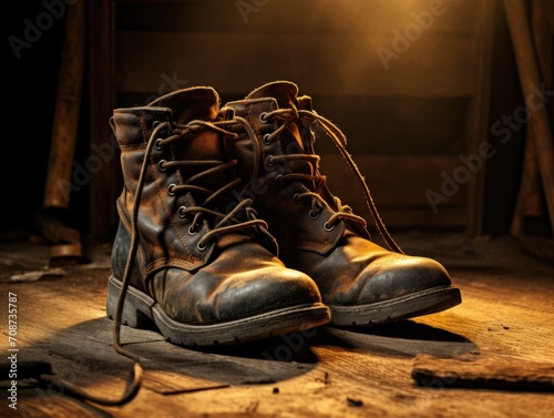 Old boots on wooden floor with light shining on them. Generative AI.
