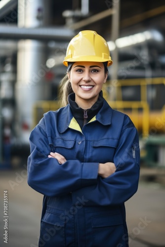Portrait of a female engineer wearing a hard hat and safety glasses in a factory