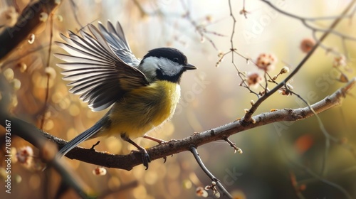  a small bird sitting on a tree branch with its wings spread and it's head turned to the side, with its wings spread wide open, with its wings spread, on a branch with.