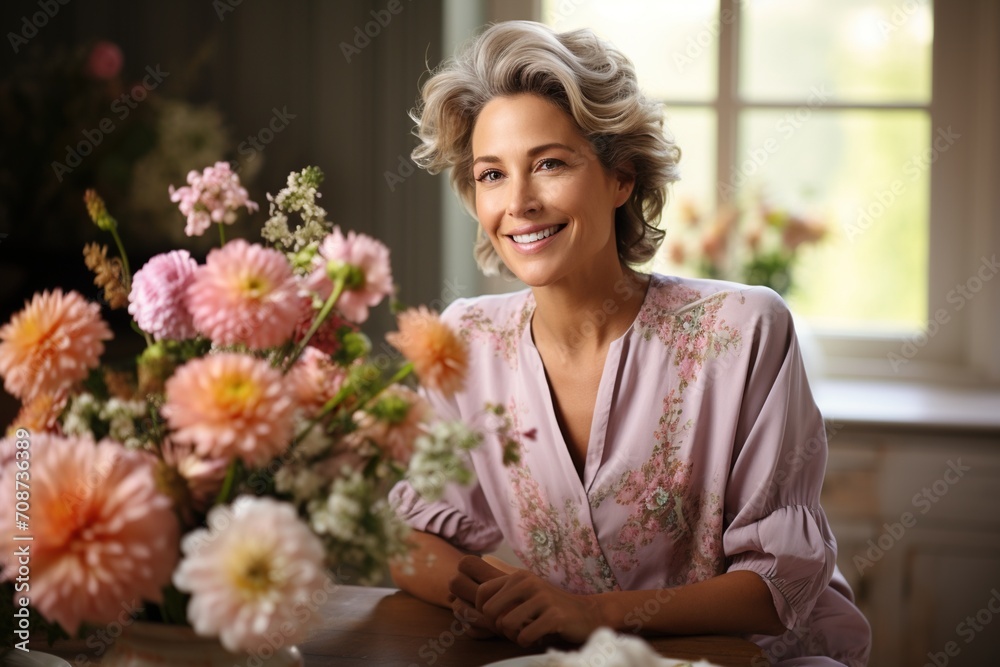 Portrait of a smiling middle-aged woman with short blonde hair in front of a window Portrait of a smiling middle-aged woman with short blonde hair in front of a window