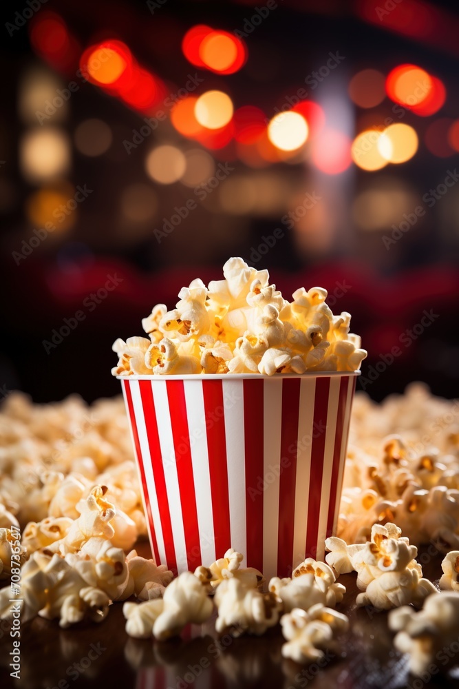 A red and white striped popcorn bucket with a lot of popcorn in it and some popcorn spilled on the table A red and white striped popcorn bucket with a lot of popcorn in it and some popcorn spilled on the table