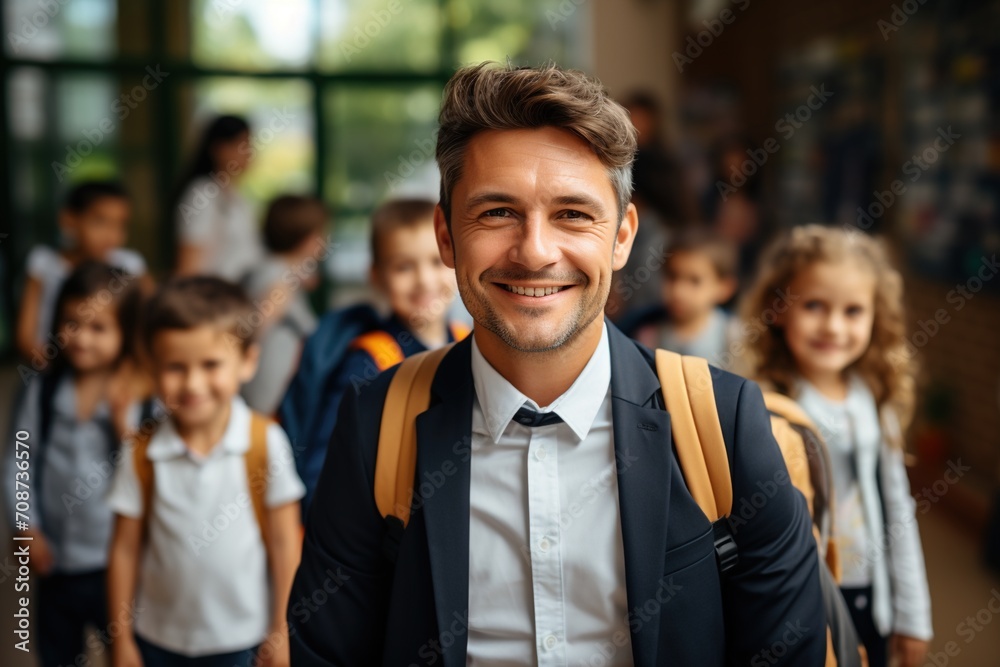 Happy male teacher with a group of students Happy male teacher with a group of students