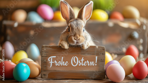 Osterhase hält Schild mit Aufschrift Frohe Ostern!
