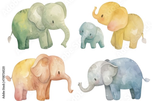 Set of cute elephant in different poses in style watercolor  playful and cheerful