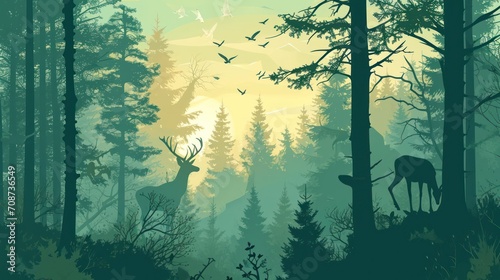  a painting of a deer in a forest with birds flying over the trees and birds in the sky above the trees and in the distance is a full moonlit sky. photo