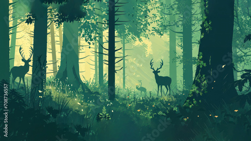  a painting of a forest with a deer in the foreground and another deer in the background, in the foreground, and in the middle of the foreground.