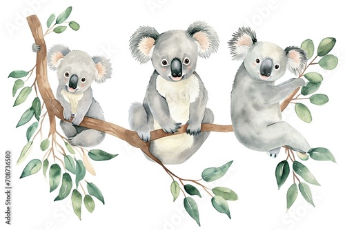 Set of koala, different poses watercolor style, adorable, white background