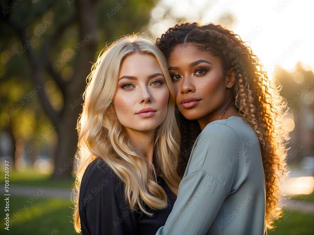 Portrait of two women best friends posing together outdoors. Caucasian woman standing next to her African friend looking at the camera. Multicultural friendship concept. Portrait of two women best friends posing together outdoors. Caucasian woman standing next to her African friend looking at the camera. Multicultural friendship concept.
