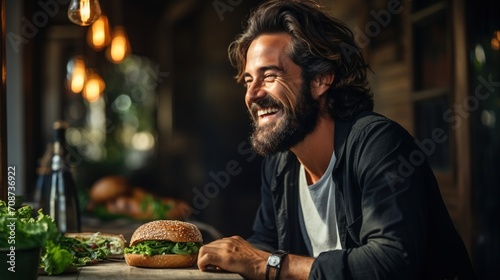 Bearded man eating a burger