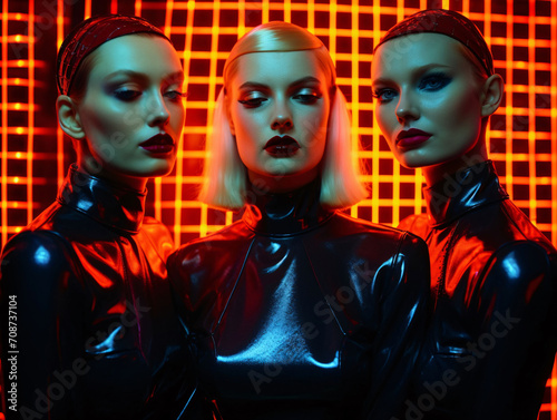 Group of blondes in rubber suits photo