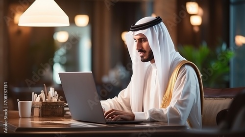 Arab man using laptop computer photo