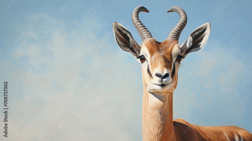  a painting of a gazelle's head with a blue sky in the background and clouds in the sky in the foreground, with only one gazelle's eye visible.