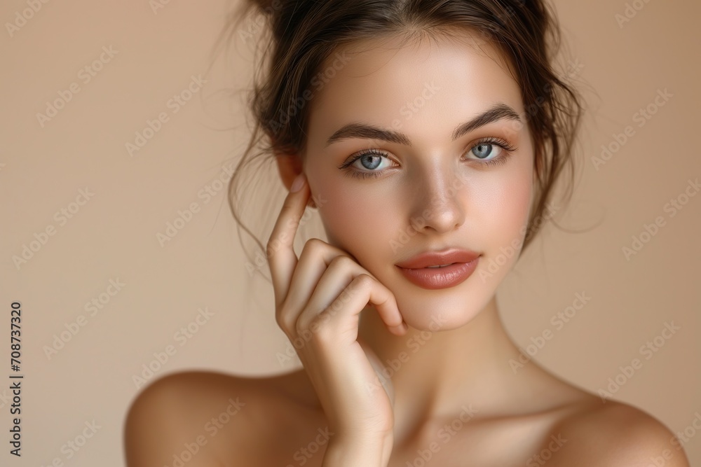 Advertising portrait of a very beautiful model, with perfect skin, on an orange background, for skin care.