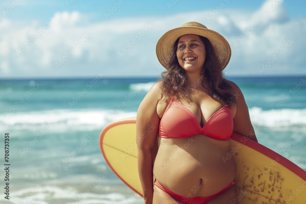 A plump young woman in a swimsuit enjoys the sea with a surfboard, positive about her body.