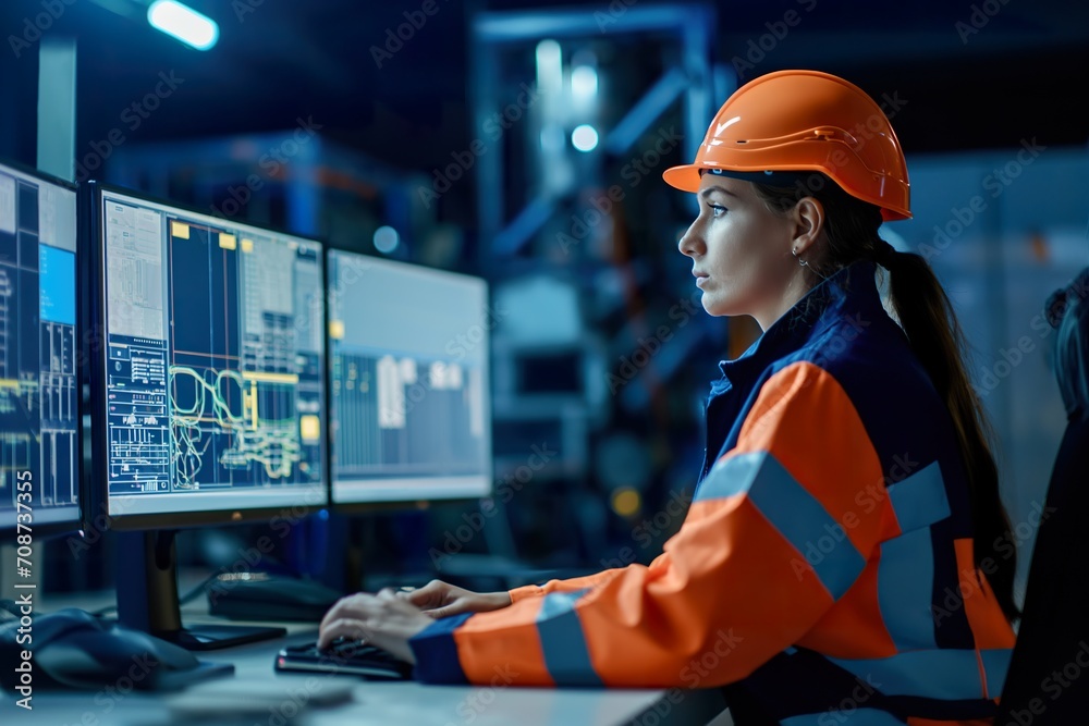 A female engineer in a protective suit operates a computer that controls production in the factory. A female engineer in a protective suit operates a computer that controls production in the factory.
