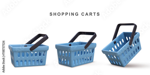 3d Set of blue shopping carts isolated on white background. Vector illustration.