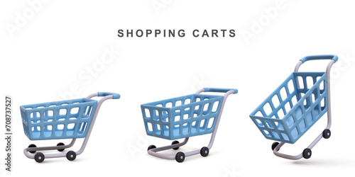 3d realistic set of blue shopping carts isolated on white background. Vector illustration.