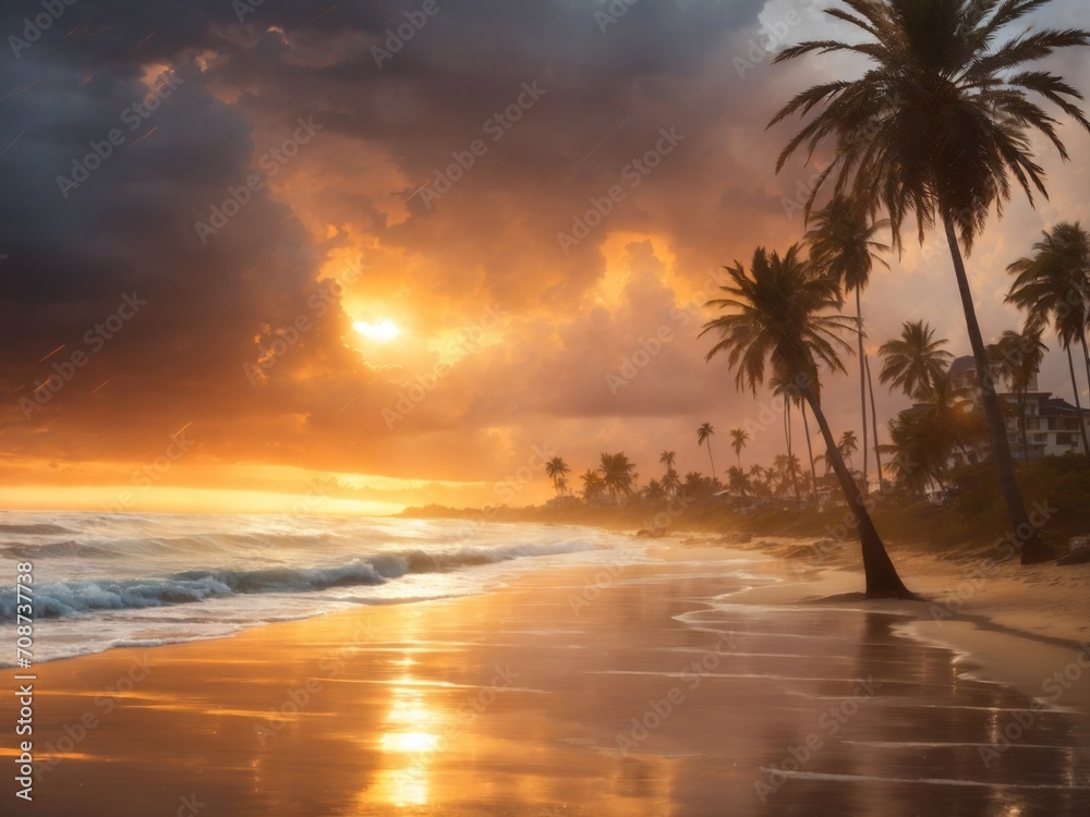 Tempestuous Harmony: Sunset Rain Symphony on the Coastal Horizon