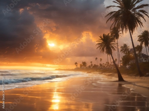 Tempestuous Harmony  Sunset Rain Symphony on the Coastal Horizon