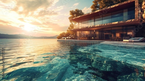  a large house sitting on top of a lush green hillside next to a body of water with a swimming pool and lounge chairs on the side of the house at sunset.