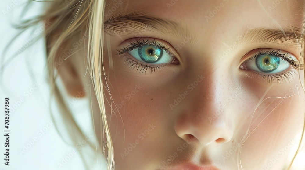 This image features a close-up of a young child with striking blue eyes and blonde hair.