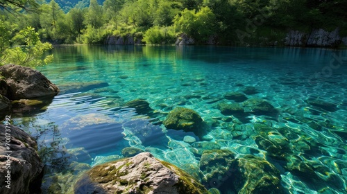  a body of water with rocks and trees in the background and blue water in the foreground and green trees on the far side of the water in the background.