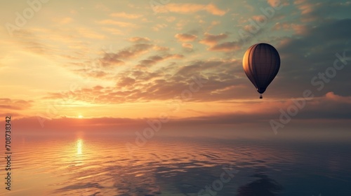  a hot air balloon flying in the sky over a body of water with the sun setting in the background and clouds in the sky over the water and the horizon.