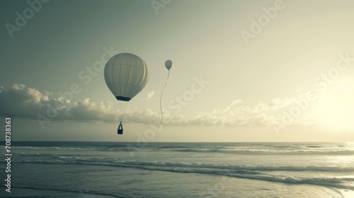  a couple of hot air balloons flying over a body of water on a cloudy day with a bottle in the air and a bottle in the middle of the air.