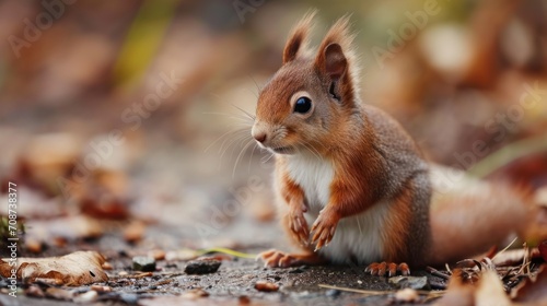  a close up of a squirrel on the ground with leaves in the foreground and a blurry background of leaves on the ground  with a blurry background.