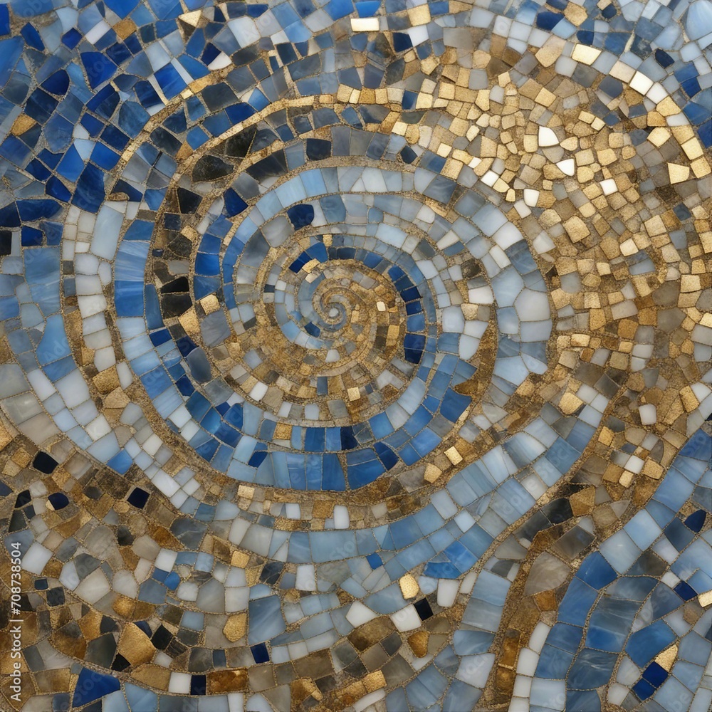 Fototapeta premium mosaic ceiling of a mosque country A spiral mosaic of blue and gold. The spiral mosaic is made of small pieces of agate and granite, 