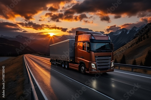 European truck vehicle on motorway with dramatic sunset light. Cargo transportation and supply theme.