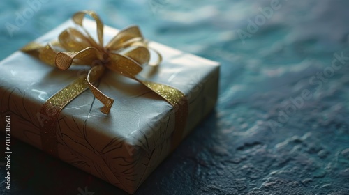  a close up of a wrapped present box with a gold ribbon on a blue surface with a light reflection from the top of the present box on the left side of the box.