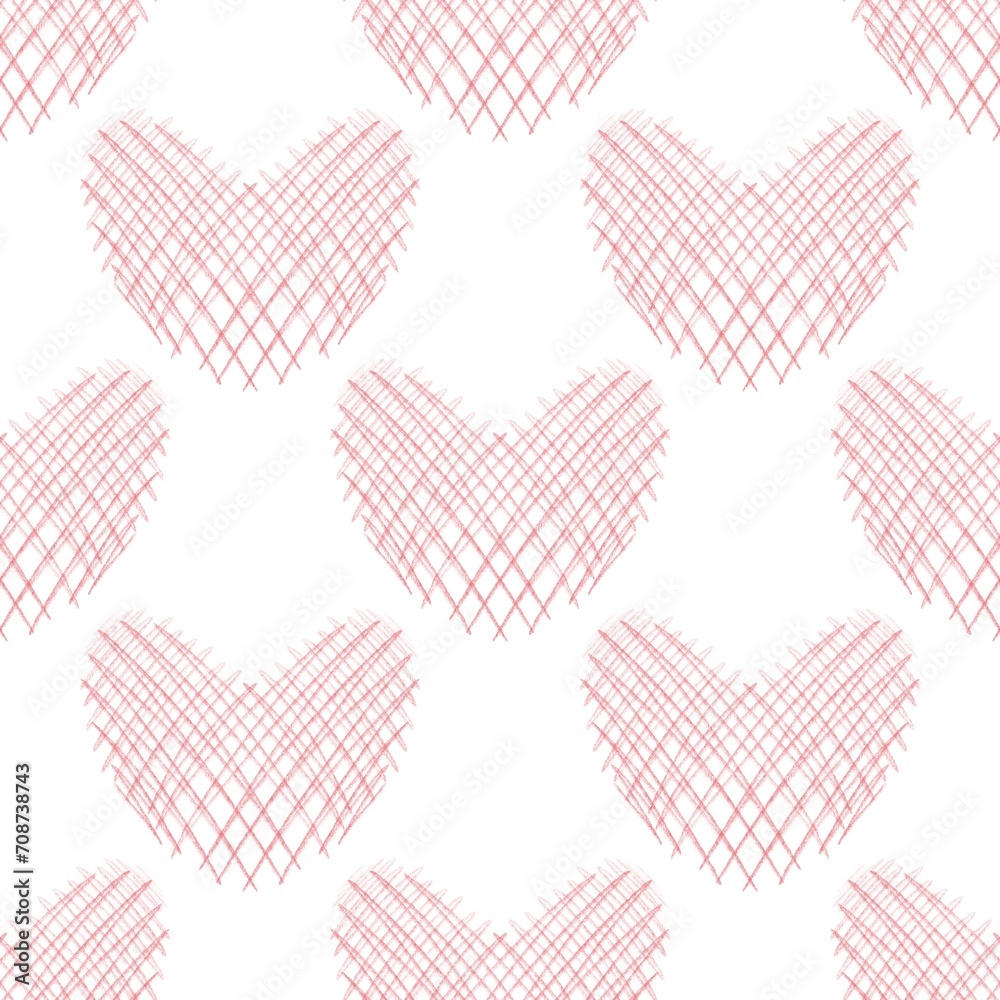 Seamless abstract pattern with red hearts. White background. Illustration. Valentine's Day. Designs for textile fabrics, wrapping paper, background, wallpaper, cover.