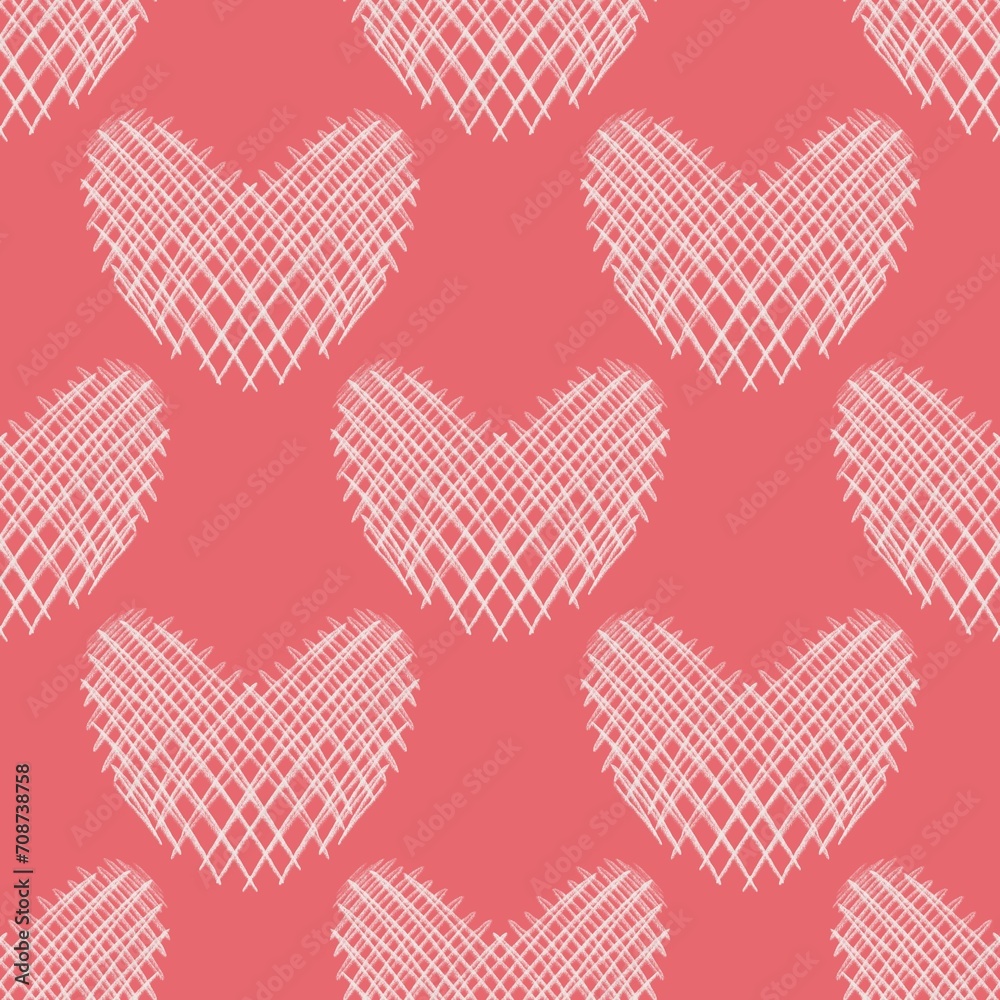 Seamless abstract pattern with white hearts. Pink background. Illustration. Valentine's Day. Brush strokes lines. Designs for textile fabrics, wrapping paper, background, wallpaper, cover.