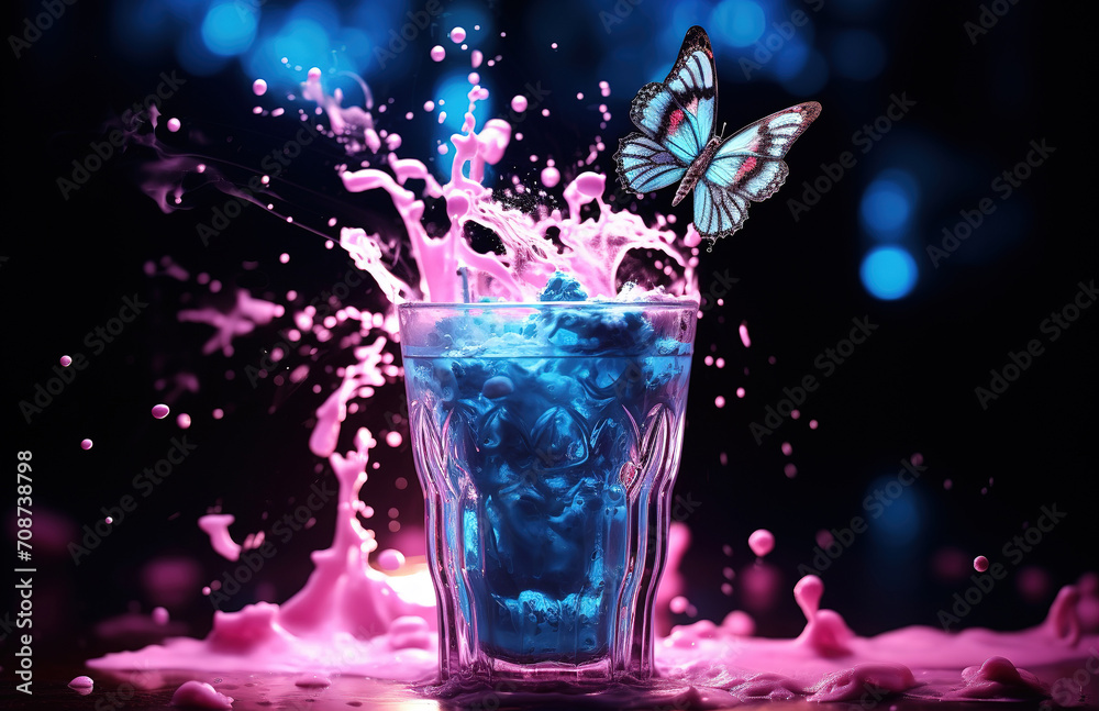 A glass glass with a cocktail, splashes flying from it and a blue butterfly A glass glass with a cocktail, splashes flying from it and a blue butterfly