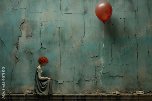 Solitary Child with Red Balloon Against a Weathered Blue Wall