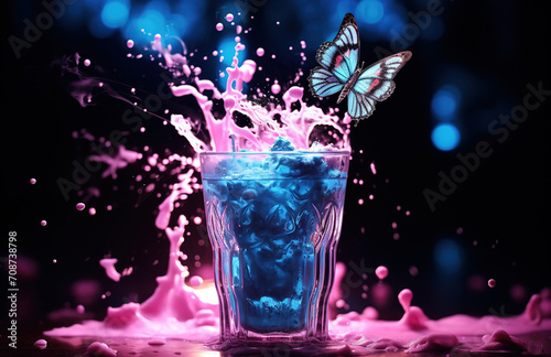 A glass glass with a cocktail  splashes flying from it and a blue butterfly