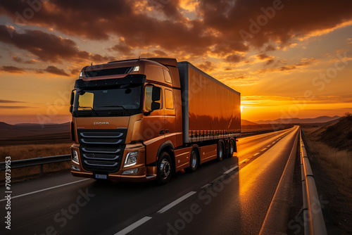 Truck with container on highway, cargo transportation concept. Shaving effect.