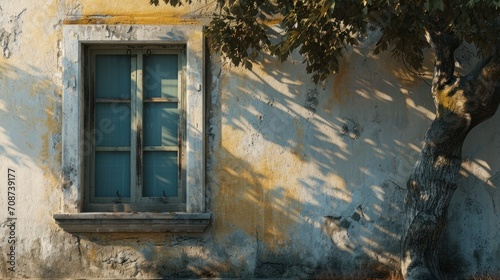  a tree casts a shadow on the wall of an old building with a window and a window pane on the side of the building, and a tree casting a shadow on the side of the wall. © Anna