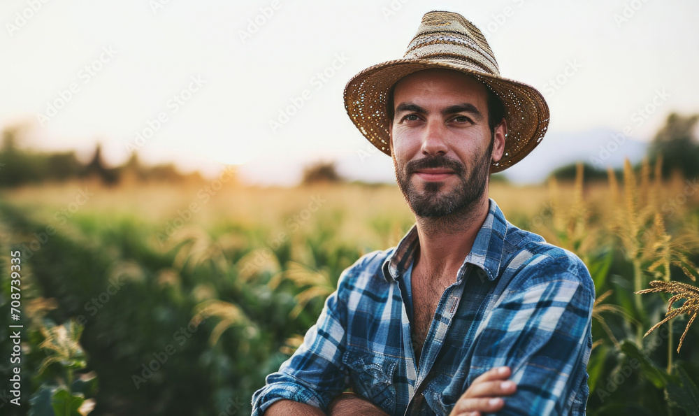 Fototapeta premium Portrait of a happy young farmer in their field on a summer evening
