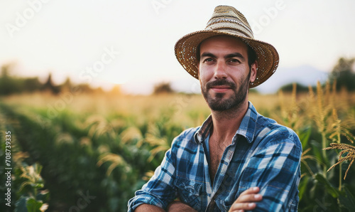 Portrait of a happy young farmer in their field on a summer evening photo