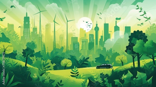  an illustration of a green city with a car in the foreground and lots of trees and grass in the foreground  with the sun shining through the clouds.