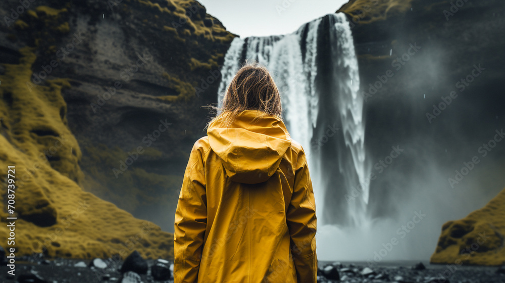 View from the back of a girl in a yellow raincoat standing in front of a waterfall on Iceland View from the back of a girl in a yellow raincoat standing in front of a waterfall on Iceland