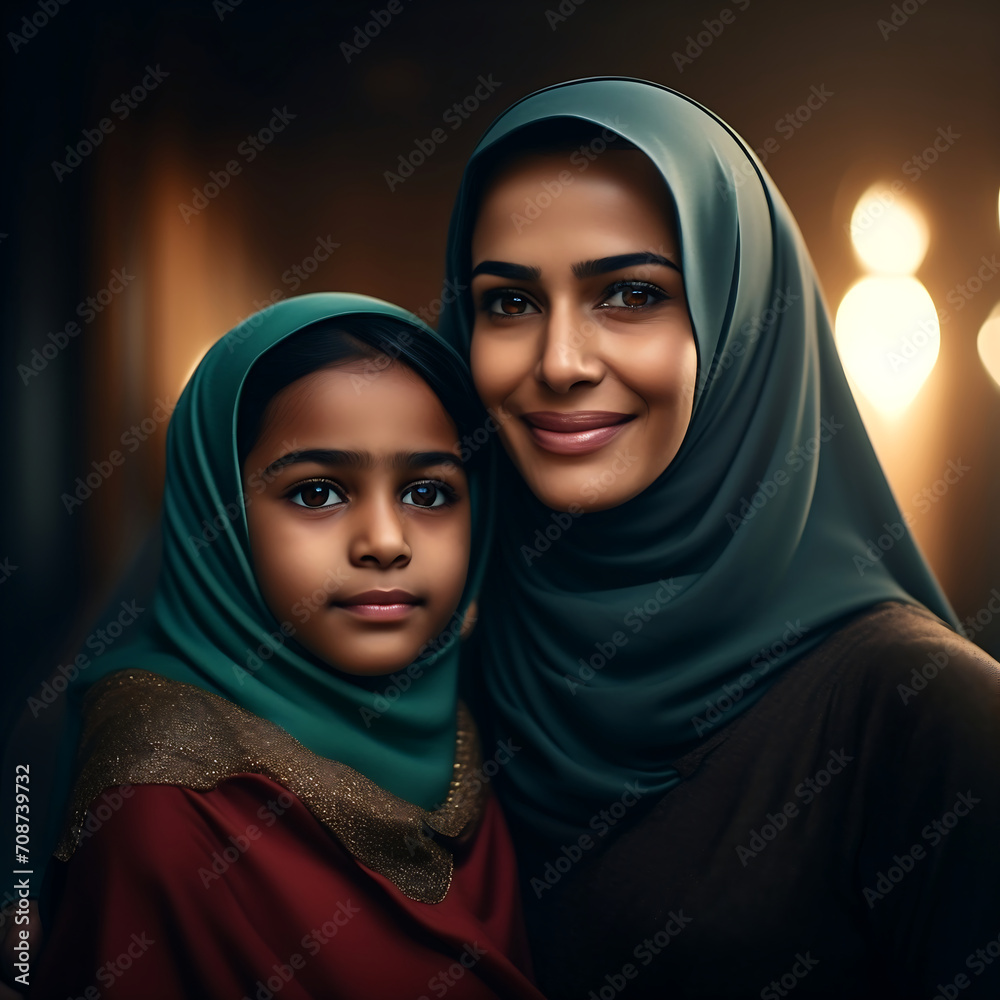 Muslim mom and daughter with a veil hijab Muslim mom and daughter with a veil hijab