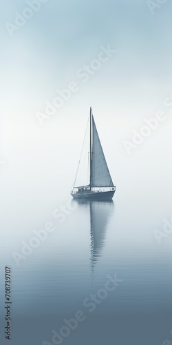 Small sailboat on calm water with white fog