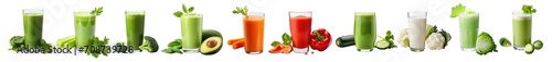 Set of freshly pressed vegetable juice smoothie with veggie toppings, carrots, cucumber, cauliflower, broccoli, pepper, spinach, celery, youth, avocado. Isolated cutout on transparent background photo