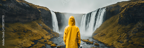 View from the back of a girl in a yellow raincoat standing in front of a waterfall on Iceland