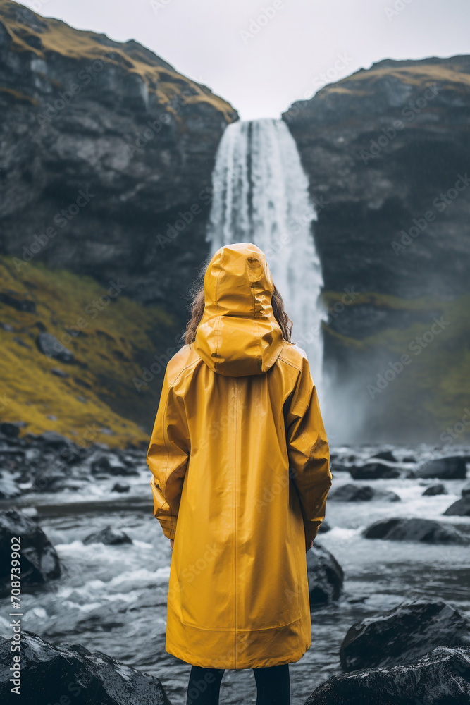 View from the back of a girl in a yellow raincoat standing in front of a waterfall on Iceland View from the back of a girl in a yellow raincoat standing in front of a waterfall on Iceland
